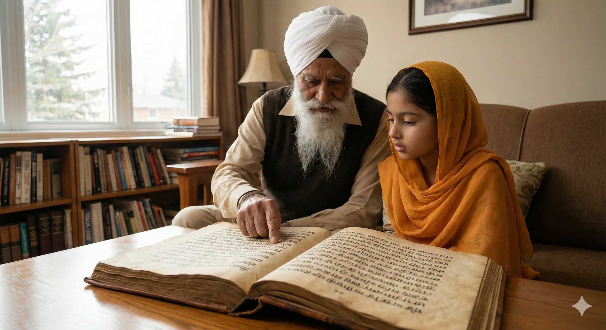 Elderly Sikh Man with GIrl reading Gurmukhi